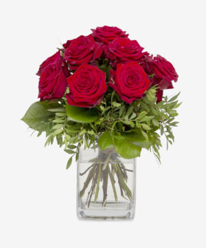 Classic Botanical Red Roses In Glass Vase